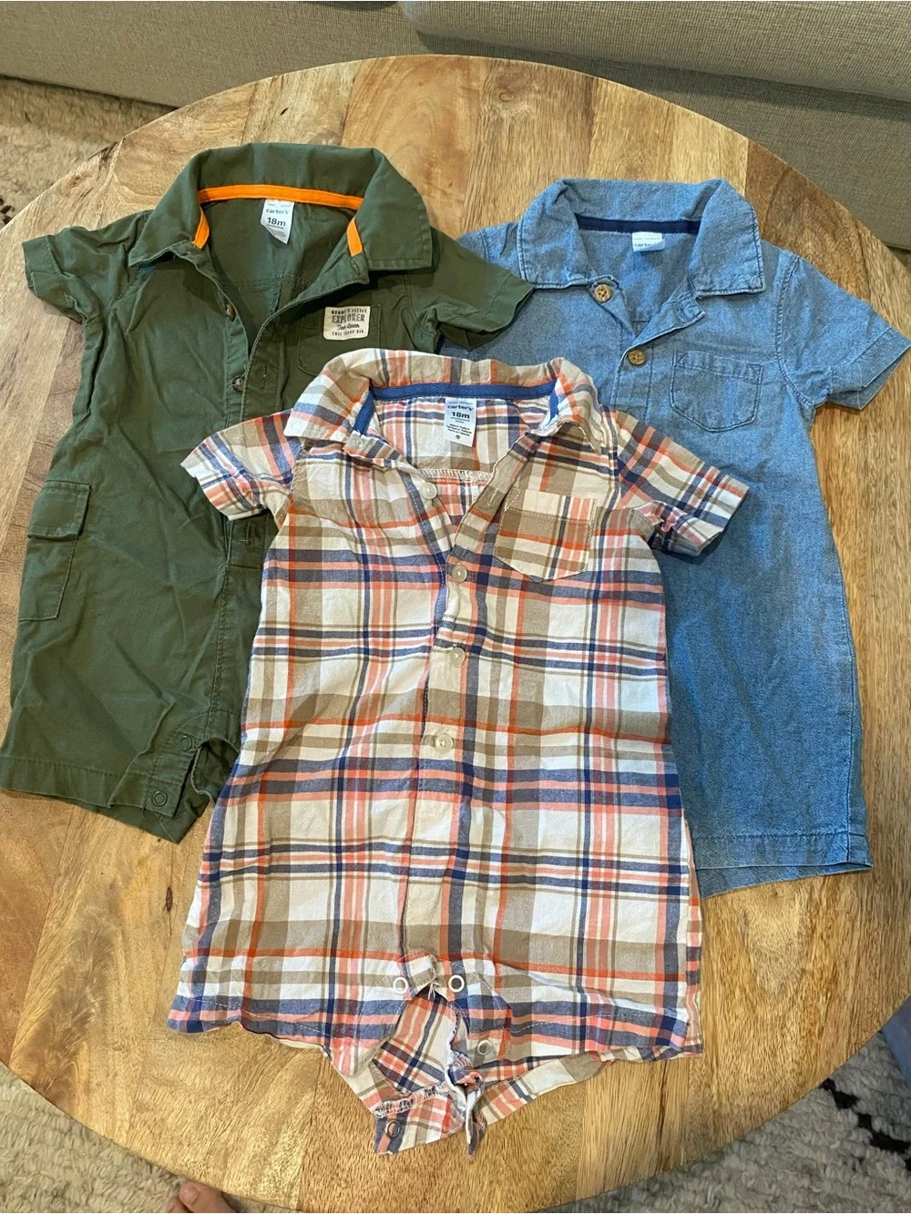 Lot of Baby Short-Sleeve Plaid Rompers - Beige & Blue, Jean, Olive